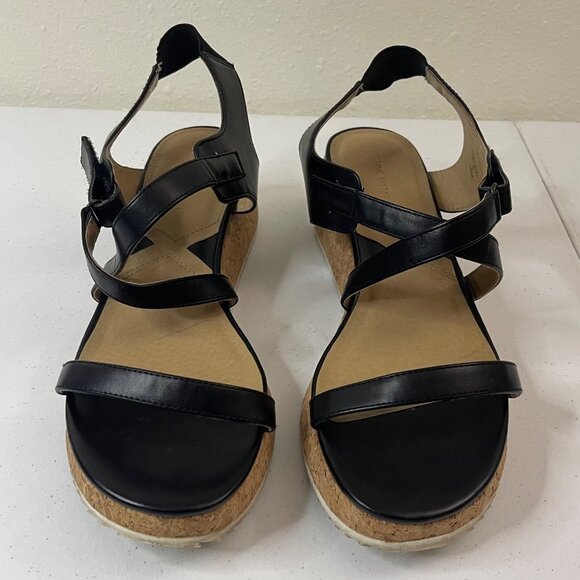 Adrienne Vittadini Black Leather Cork Wedge Sandals With Adjustable Straps Women - Picture 3 of 8